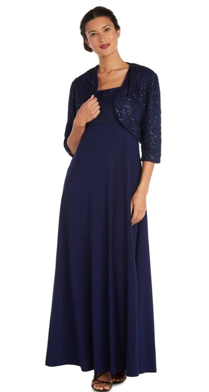 1990s R&M Richards Navy Beaded Lace Bolero Dress Set Petite 4